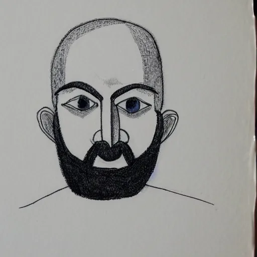 Prompt: portrait of bald bearded man with round face and blue eyes, minimalictic black and white art brut, ink, pencil