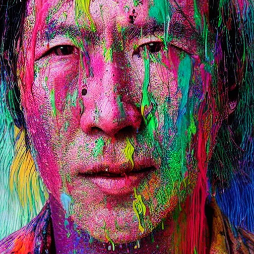 Image similar to a portrait of byron li composed of flecks of paint lush & immense density long strands of drips in all directions splatters of mixed pigments with solid color inside.