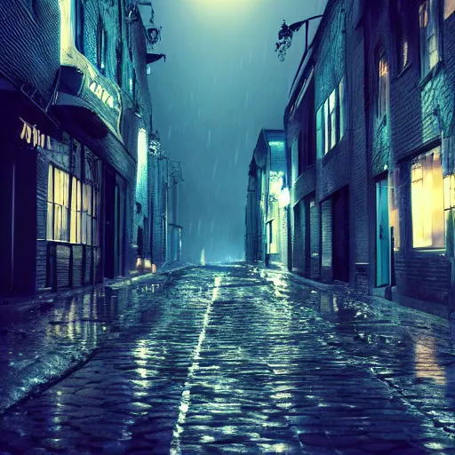 Prompt: a beautiful photograph of a dark rural city ally at night, there are lanterns reflecting in the cold rain, trending on artstation, 4k