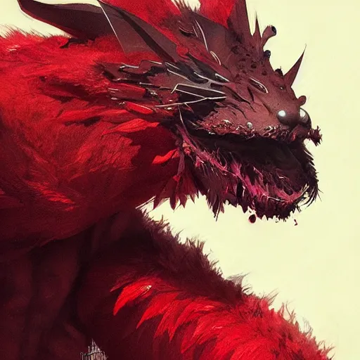 Image similar to realistic portrait of a grox from spore, red furry creature with one robotic eye, pointy ears, dramatic lighting, illustration by greg rutkowski, yoji shinkawa, 4 k, digital art, concept art, trending on artstation