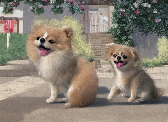 Image similar to too many pomeranians in the street, idealized pleasant fresco of a suburban area, trending on pixiv, brilliant pomeranian puppies in the street.