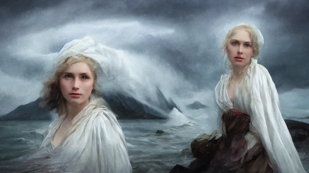 Prompt: queen, norway fjord, close up portrait, hudson river school, max rive, stormy seas, white royal dress, beautiful, bokeh, gentle, female, snowy, storm clouds, god rays, close up portrait, d & d, fantasy, elegant, low key color palette, concept art, roger deakins and greg rutkowski and alphonse mucha