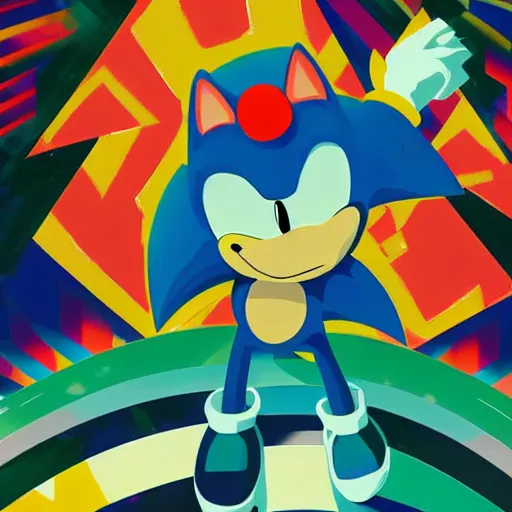 Image similar to Sonic the hedgehog has a bad acid trip, Green Hill Zone, in the style of Sachin Teng x Sonia Delaunay