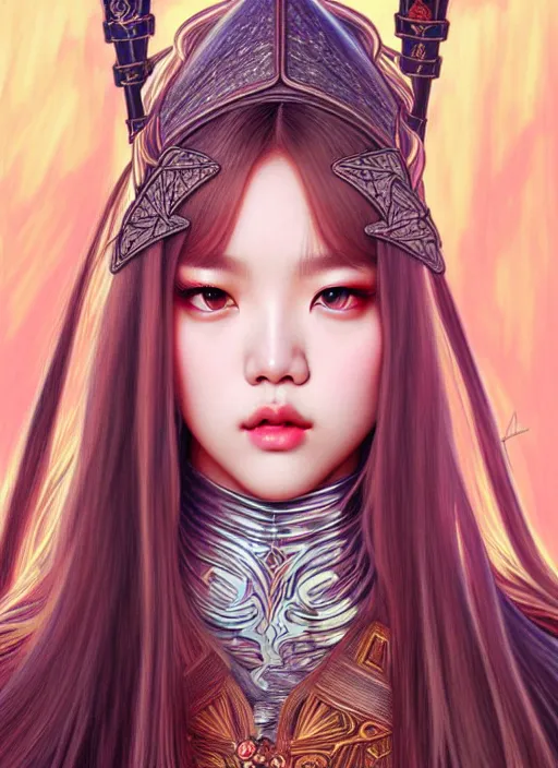 Image similar to lalisa manoban of blackpink, medieval armor, tarot card, highly detailed, digital painting, smooth, sharp focus, illustration, ultra realistic, 8 k, art by artgerm and alphonse mucha