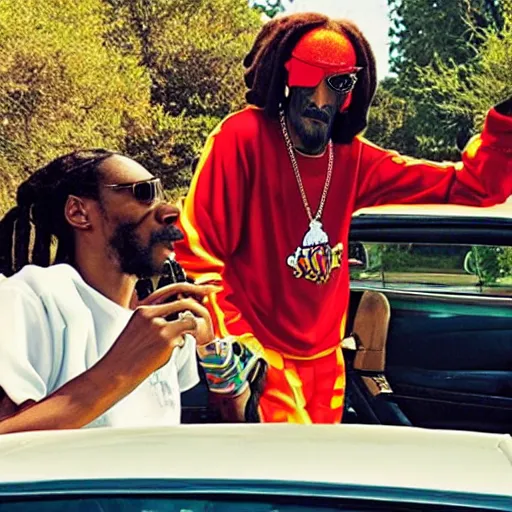 Image similar to ronald mcdonald smoking blunts with snoop dogg, cinematic