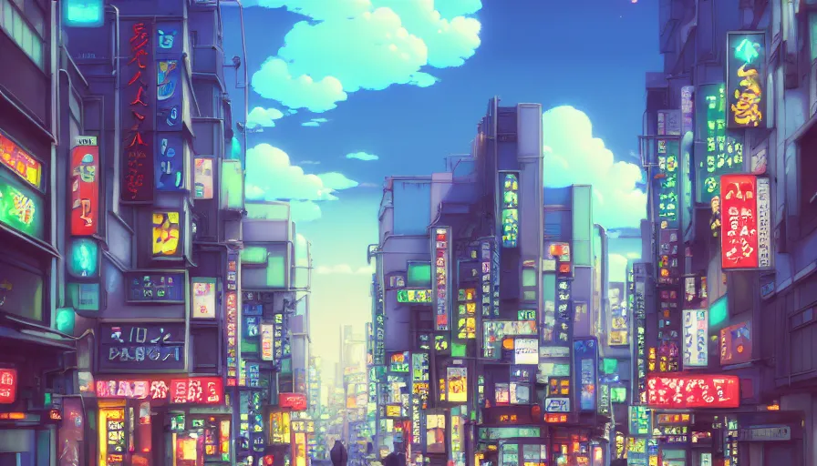 Image similar to A highly detailed digital art painting of Tokyo street, shimmering cloudy sky by Studio Ghibli, Makoto Shinkai, (((Makoto Shinkai))) by Artgerm, by beeple, volumetric lighting, octane render, 4K resolution, trending on artstation, masterpiece, vivid colours