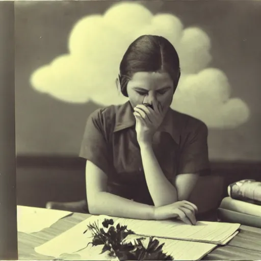 Prompt: young lady sits at the desk and cries, many flowers around, clouds, photo by Weegee