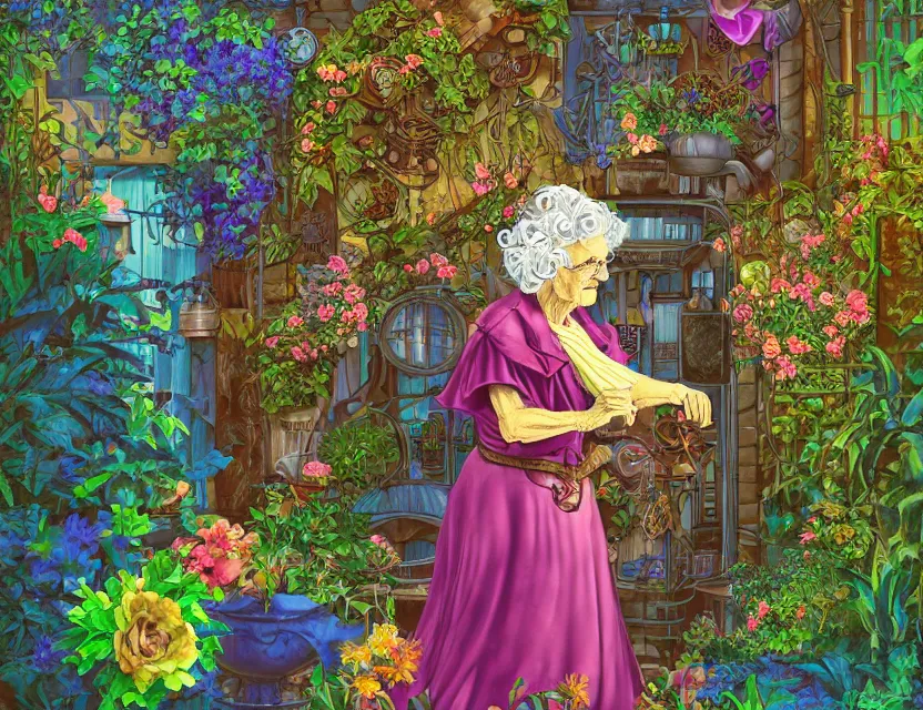 Image similar to granny in steampunk vaporwave courtyard garden. complementary colors, gouache, indie concept art, bloom, chiaroscuro, backlighting, intricate details.