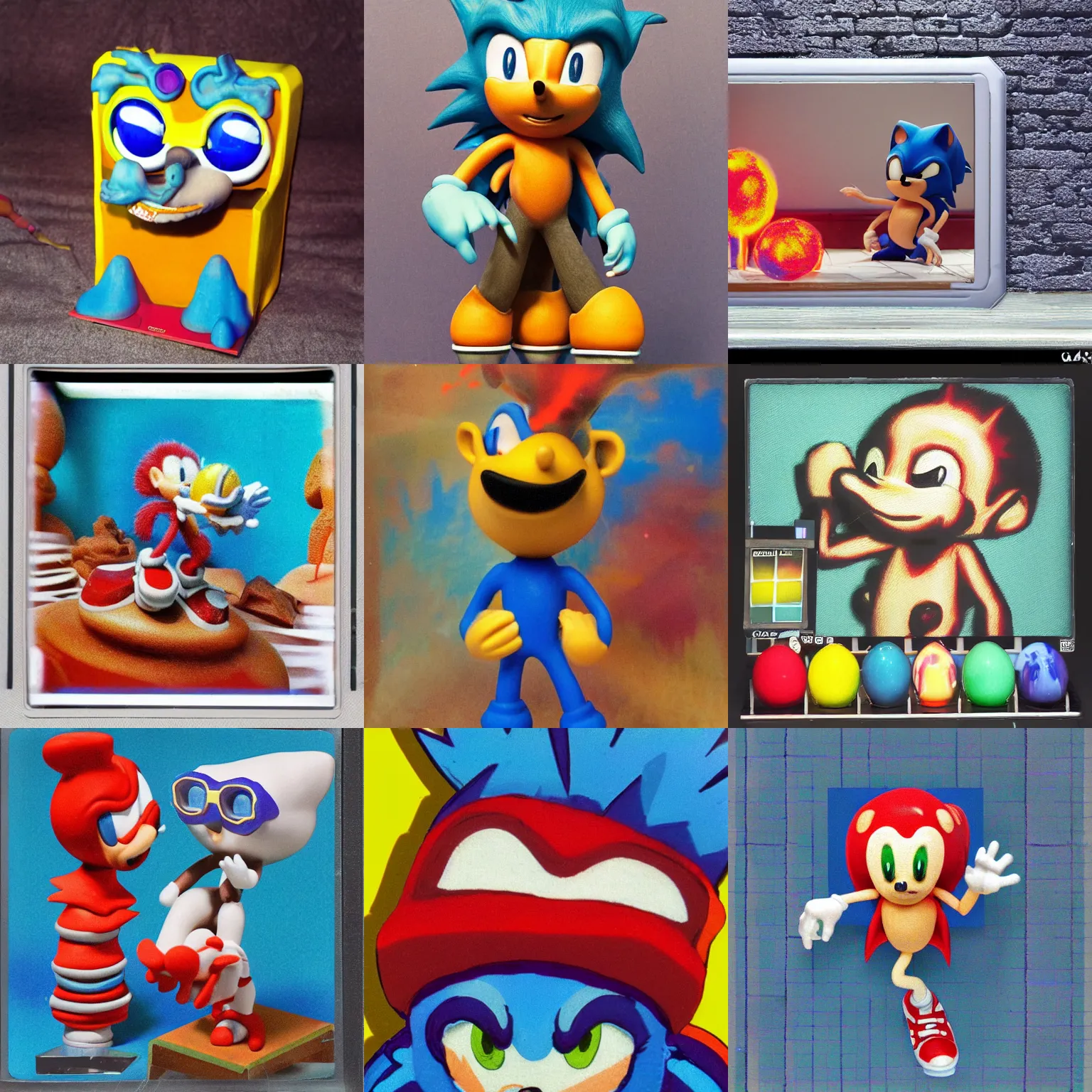 Prompt: clay stop motion claymation portrait of sonic hedgehog polaroid and surreal sharp, detailed professional soft pastels instax quality airbrush art lava lamp album cover liquid dissolving airbrush art lsd dmt sonic the hedgehog cyberspace lava lamp checkerboard background 1 9 9 0 s 1 9 9 2 sega genesis rareware video game album cover