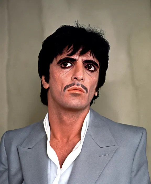 Image similar to full body portrait. tony montana from movie scarface 1 9 8 3. al pacino, perfect symmetric face, coherent eyes, fine details., 4 k, ron cobb. cinestill