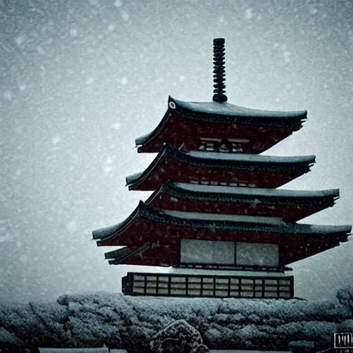 Prompt: a monolithic japanese temple on a snowcapped mountain. snowing, grainy, overcast sky.