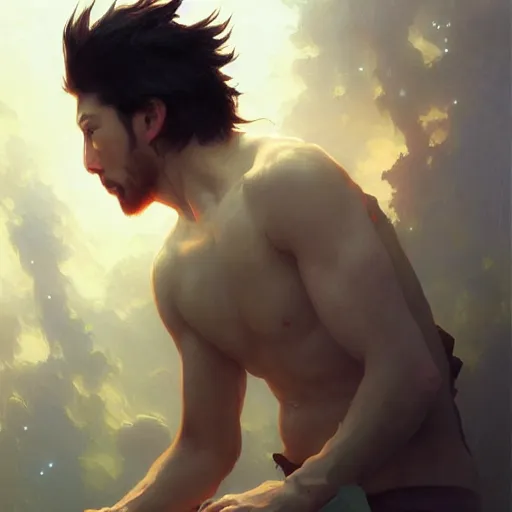 Image similar to A man drinking a cup of cosmic energy bright light, illustration by Ruan Jia and Mandy Jurgens and William-Adolphe Bouguereau, Artgerm, 4k, digital art, surreal, anime style, space dandy style, highly detailed, godsend, artstation, digital painting, concept art, smooth, sharp focus, illustration by Ruan Jia and Mandy Jurgens and William-Adolphe Bouguereau, Artgerm