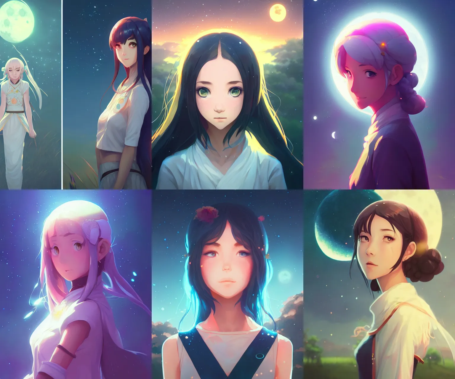 Prompt: lunar priestess portrait, artgerm, makoto shinkai, sylvain sarrailh, bokeh, solar meadow, moonlight