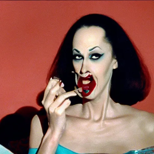 Image similar to Still from a John Waters film about a woman and an anthropomorphic tooth, color 1970