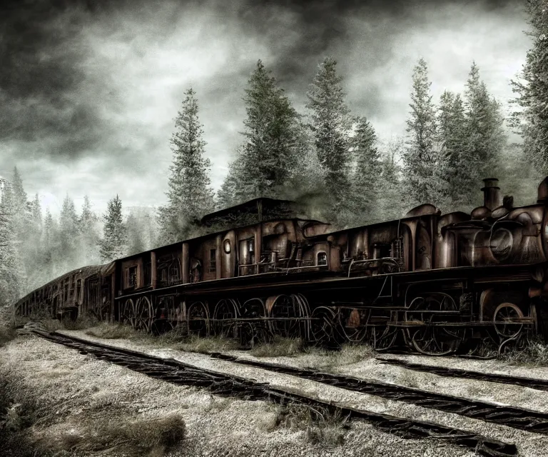 Image similar to magical ghost train, high res, photorealistic, dark atmosphere, gloomy tracks, bright lights, forestry