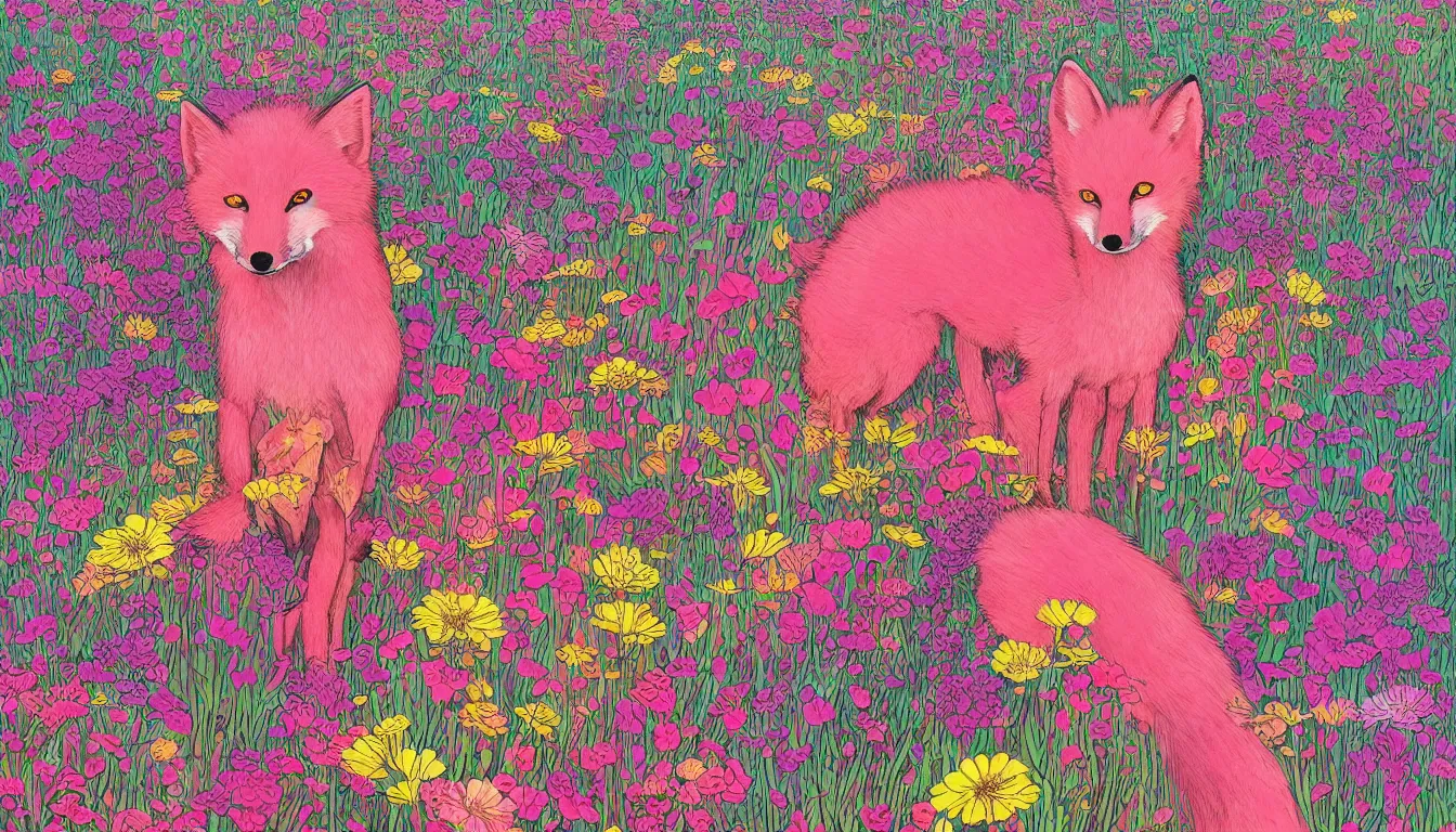 Prompt: pink fox head popping out of a field of multi colored flowers by kilian eng, victo ngai, josan gonzalez