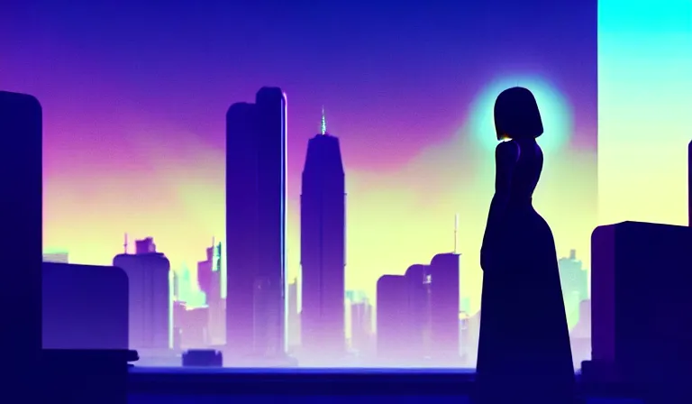 Image similar to a beautiful and immaculate futuristic city. the silhouette of a beautiful young woman standing in an alleyway. vaporwave ombre rendering. outrun style. trending on artstation. recommended for you behance. by chris moore. by edward hopper. beeple colors. metropolis filmic. gotham city.