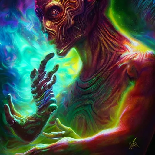 Image similar to dmt trip interdimensional beings by raymond swanland, highly detailed, bright tones