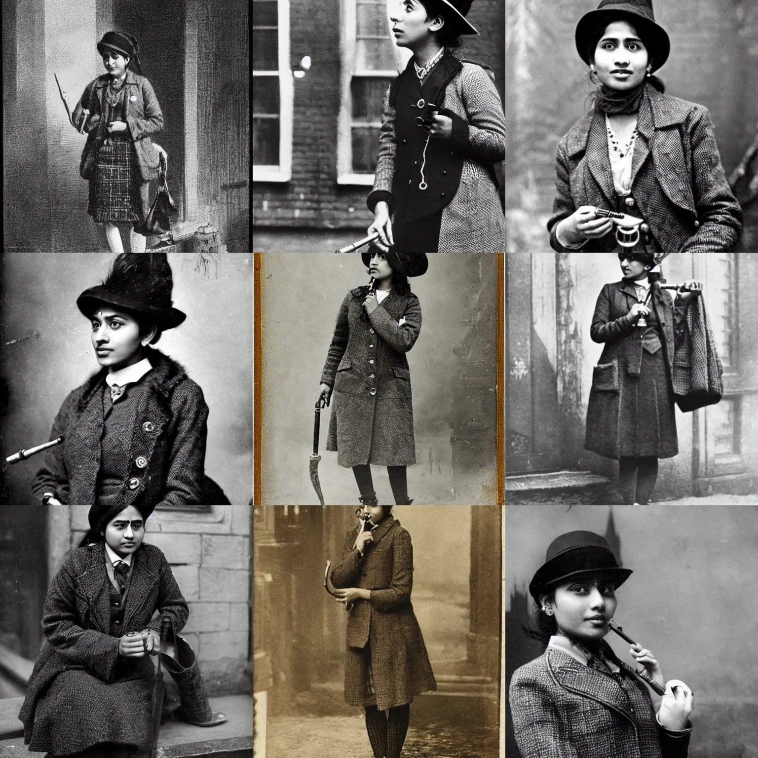 Prompt: A young Indian woman as Sherlock Holmes, wearing a tweed jacket and a deerstalker hat, with a pipe, in Victorian London