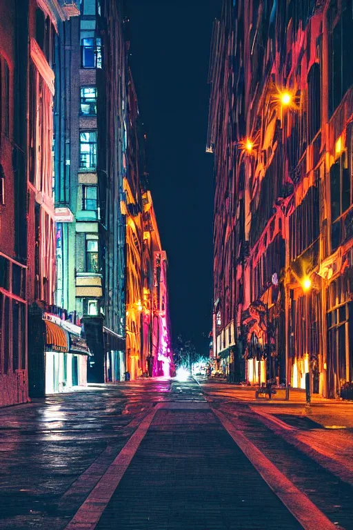 Prompt: Photography night city buildings street scene, by Woelfel, Brandon, colorful, vibrant.