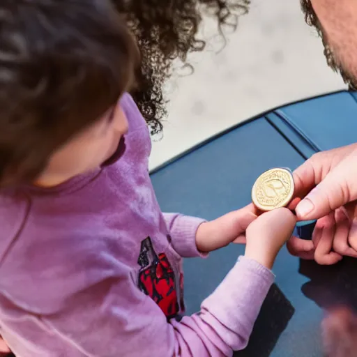 Image similar to a child exchanging a ticket for a coin from an adult, photorealistic