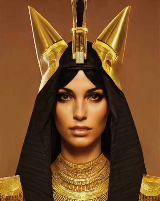 Image similar to Carmella Bing as a beautiful egyptian princess, gorgeous, portrait, Symmetrical, powerful, intricate, beautiful, masterpiece, elegant, volumetric lighting, highly detailed, artstation, sharp focus, no cropping, illustration, Jean-Leon Gerome , ruan jia