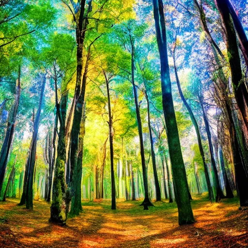 Prompt: the scene was otherworldly, like something out of a dream. the colors were so bright and vivid that they almost didn't seem real. the sky was a deep, rich blue, and the sun was a golden orb that hung in the sky like a precious jewel. the trees were towering giants, their leaves a deep, lush green