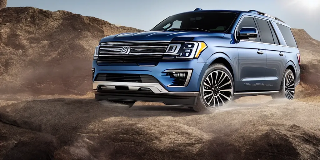 Prompt: A high-angle shot, SUV inspired by a 2017 Ford Expedition and 2017 Lincoln Navigator