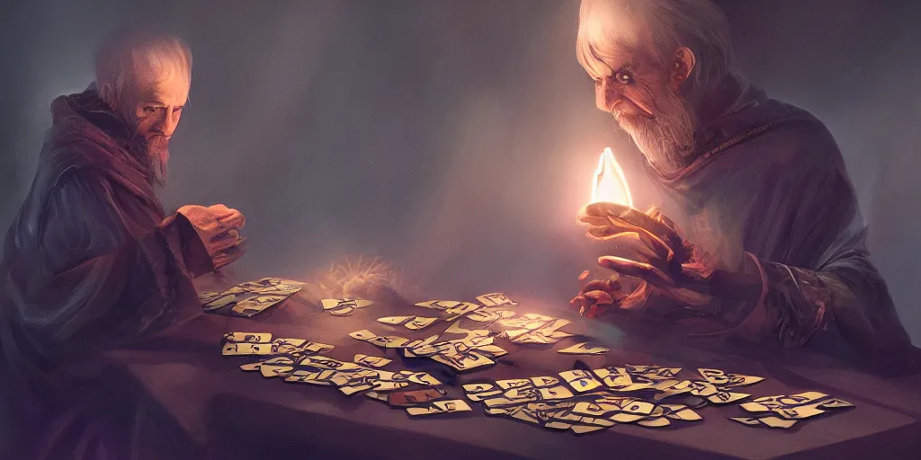 Prompt: wizard shuffling cards, cardistry, fantasy, digital art, soft lighting, concept art, 8 k