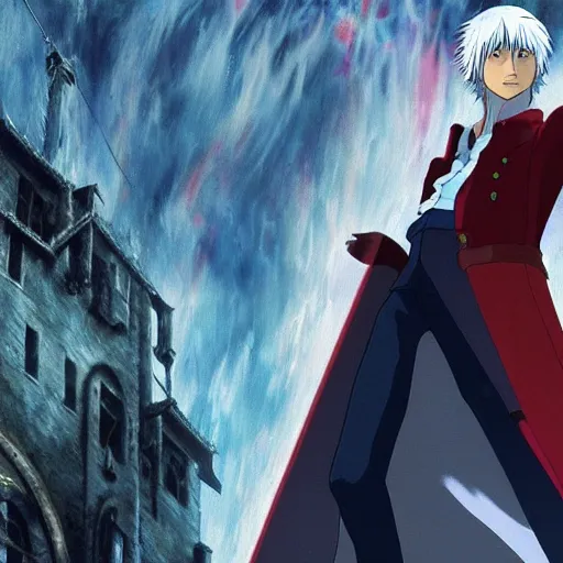 Prompt: a shot of dante from devil may cry in howl's moving castle movie, movie shot, anime, hightly detailed, rescalated 4 k, detailed, straight face, detailed face, studio ghibli