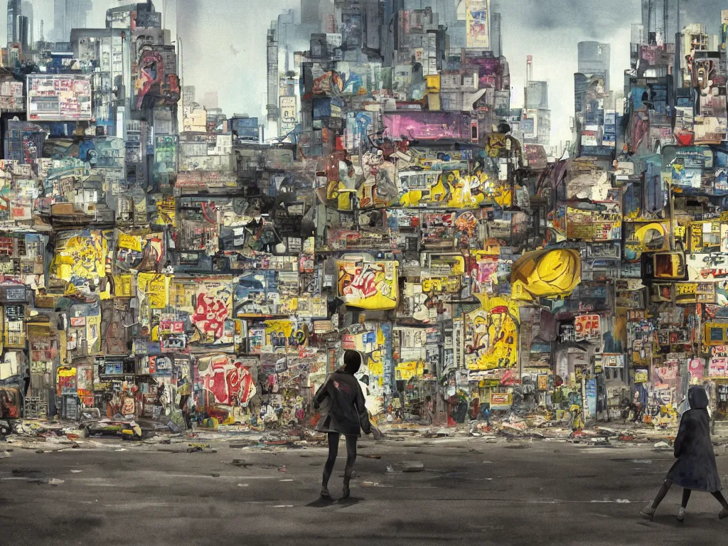 Image similar to incredible wide screenshot, ultrawide, simple watercolor, rough paper texture, ghost in the shell movie scene, backlit distant shot of girl in a parka running from a giant robot invasion side view, yellow parasol in deserted dusty shinjuku junk town, broken vending machines, bold graphic graffiti, old pawn shop, bright sun bleached ground, mud, fog, dust, windy, scary robot monster lurks in the background, ghost mask, teeth, animatronic, black smoke, pale beige sky, junk tv, texture, brown mud, dust, tangled overhead wires, telephone pole, dusty, dry, pencil marks, genius party,shinjuku, koji morimoto, katsuya terada, masamune shirow, tatsuyuki tanaka hd, 4k, remaster, dynamic camera angle, deep 3 point perspective, fish eye, dynamic scene