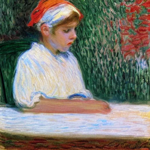 Image similar to a girl with a white headkerchief sitting alone on a birthday table looking sad by monet