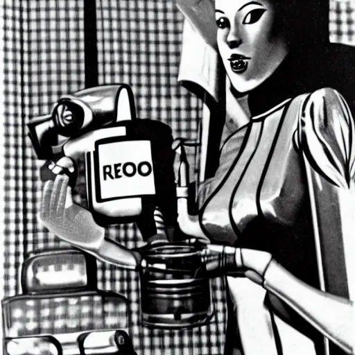 Image similar to retrofuturistic, futuristic style, robot maid serving a drink