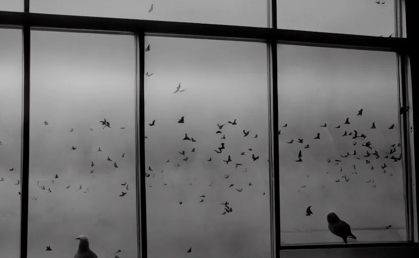 Image similar to cinematic shot of a flock of birds outside the window of the byron travel plaza, moody scene from being john malcovich directed by charlie kaufman ( 2 0 0 1 ), foggy volumetric light morning, anamorphic lenses, kodak color film stock