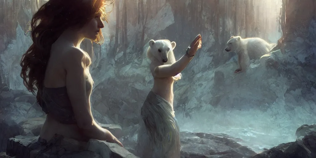 Image similar to young girl, a polar bear in the background, art of elysium by jeremy mann and alphonse mucha, fantasy art, photo realistic, dynamic lighting, artstation, poster, volumetric lighting, very detailed face, 8 k, award winning