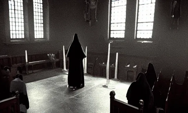 Image similar to a cultist ceremony, cultists with robes and masks, church interior, satanic church interior, the fog. horror lighting, found footage