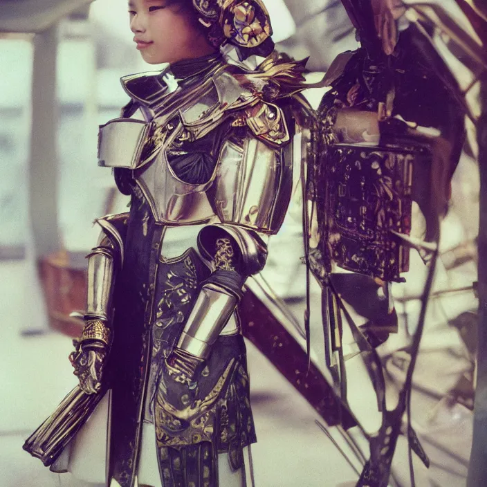 Image similar to future fashion, feminine, cyberpunk thailand, holy roman empire, 8 k, plate armor, nylon, neoprene, ektachrome, olympics, hd photography, award winning, stylish, optimistic, by alphonse mucha