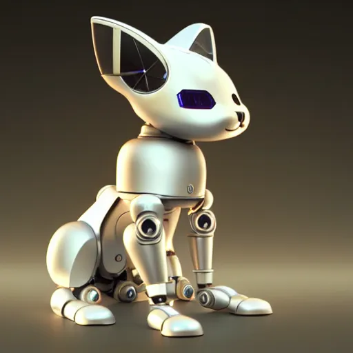 Prompt: product photo of a futuristic stylized pet robot, kitten puppy teddy mix, cute robot face, kindchenschema, large ears, large tail, by artgerm and greg rutkowski and marc newson, alphonse mucha, zaha hadid, side view, volumetric light, detailed, octane render, midsommar - t