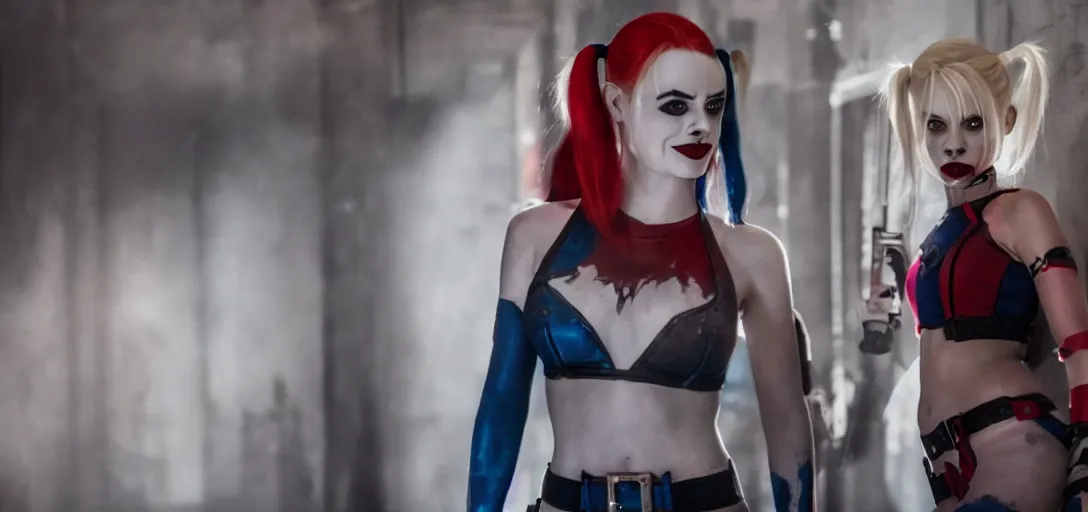 Image similar to real-life Harley Quinn, cinematic, Wide-shot, atmospheric lighting, directed by Quentin Tarantino, extreme detail, 8K, movie still