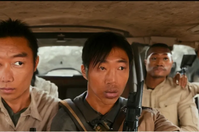 Prompt: movie diverse interracial team of Japanese robbers armed with rifles interior clean futuristic tactical van, beautiful skin, Symmetrical faces. natural lighting by Emmanuel Lubezki