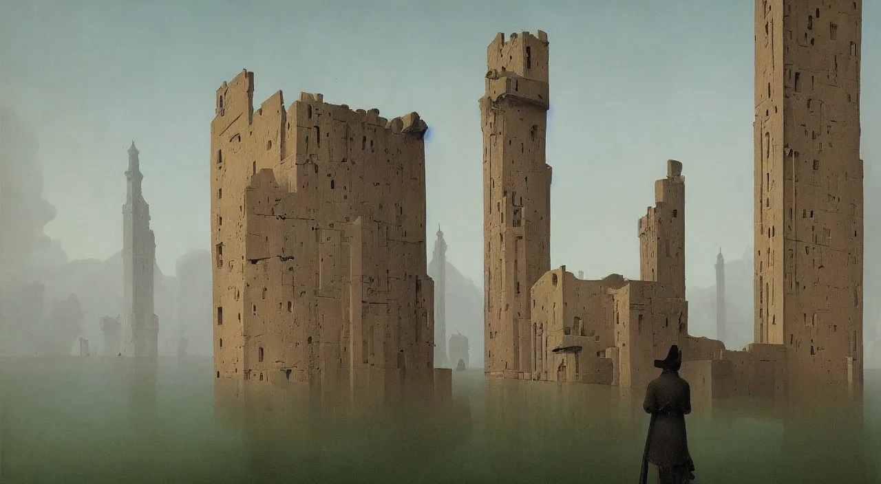 Prompt: a high contrast! painting of a minimalist flooded ancient tower by rene magritte simon stalenhag carl spitzweg jim burns