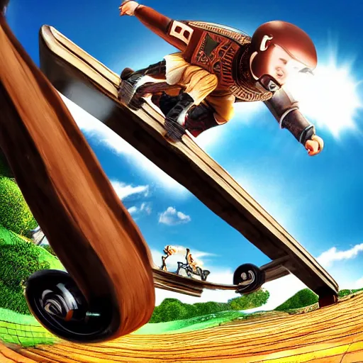 Prompt: roman horsedrawn chariot racer jumping high on half pipe, intense, fish eye, tony hawk, video game