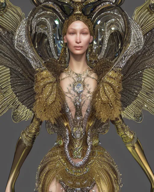 Image similar to a highly detailed metahuman 4 k close up render of an alien goddess bella hadid as sixwinged seraphim in iris van herpen dress schiaparelli in diamonds crystals swarovski and jewelry in style of alphonse mucha gustav klimt trending on artstation made in unreal engine 4