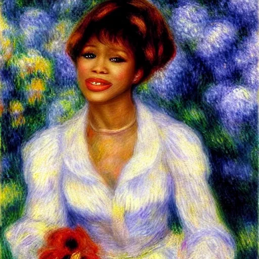 Prompt: !dream Whitney Houston in the style of Little Irene by Renoir. Detailed. Beautiful. —ar 9:16 —g 4 —s 10