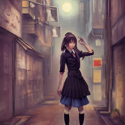 Image similar to a perfect, realistic professional oil painting of a Japanese schoolgirl posing in a dystopian alleyway, style of Marvel, full length, by a professional American senior artist on ArtStation, a high-quality hollywood-style concept