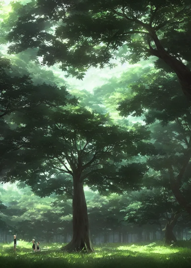 Image similar to grand green tree in a forest, makoto shinkai