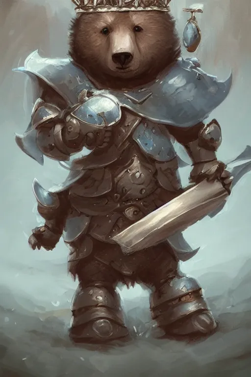 Image similar to cute little anthropomorphic bear knight wearing a cape and a crown, tiny, small, miniature bear, baby animal, short, pale blue armor, cute and adorable, pretty, beautiful, DnD character art portrait, matte fantasy painting, DeviantArt Artstation, by Jason Felix by Steve Argyle by Tyler Jacobson by Peter Mohrbacher, cinematic lighting