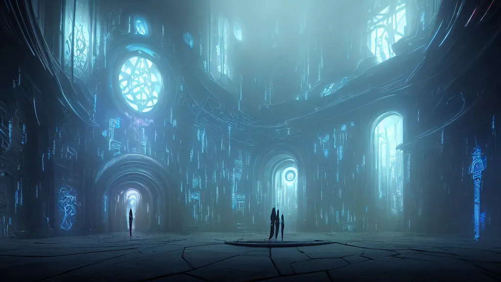 Image similar to portal to the ethereal realm, centered symmetrical composition, intricate concept art, ethereal, ominous, mysterious, enchanted, magic, misty, amazing depth, dramatic lighting, illuminated lines, outrun, vaporware, illuminated runes, cyberpunk darksynth, dark background, 8 k, octane render, by james paick and stephan martiniere and alphonse mucha