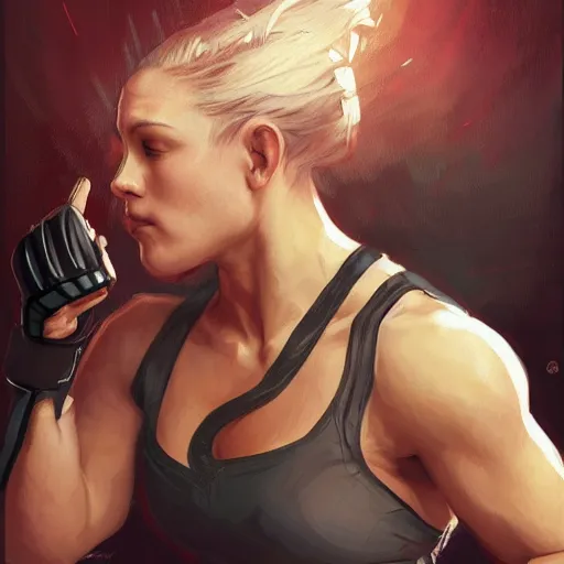 Prompt: female mma fighter, round about to start, intricate, elegant, highly detailed, digital painting, artstation, concept art, smooth, sharp, focus, illustration, art by artgerm and greg rutkowski and alphonse mucha