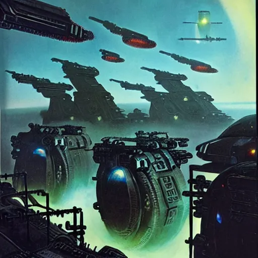 Prompt: war machines from a gate in hell, chris foss, john harris, beeple, wayne barlowe, warhammer 4 0 k